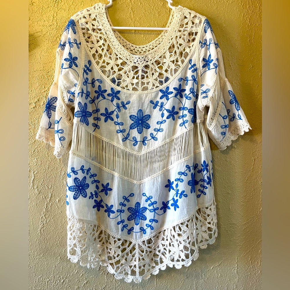 Stunning crochet blue and white top